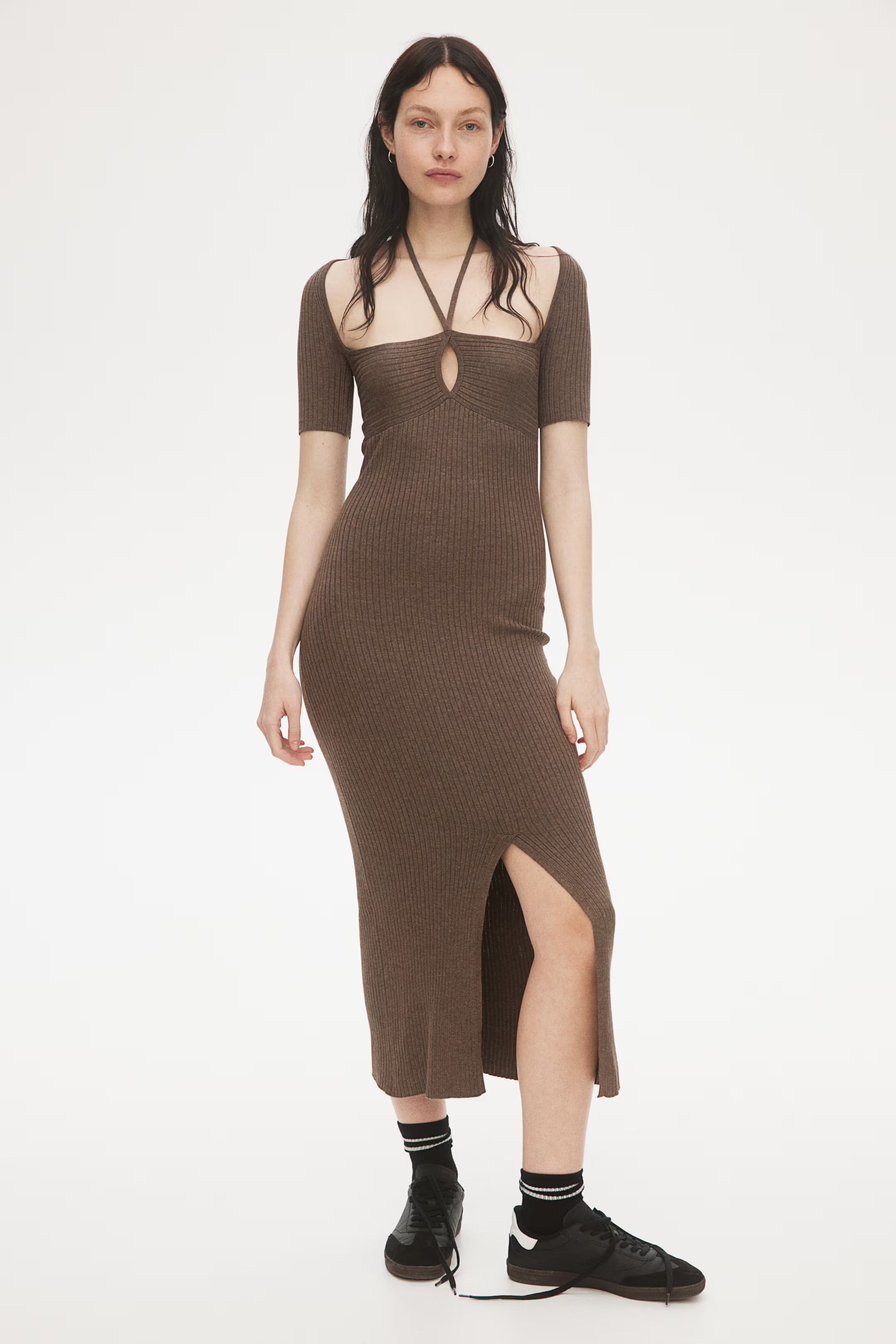 Rib-Knit Tie-Detail Dress - Halterneck - Short sleeve - Dark brown melange - Ladies | H&M US | H&M (US + CA)