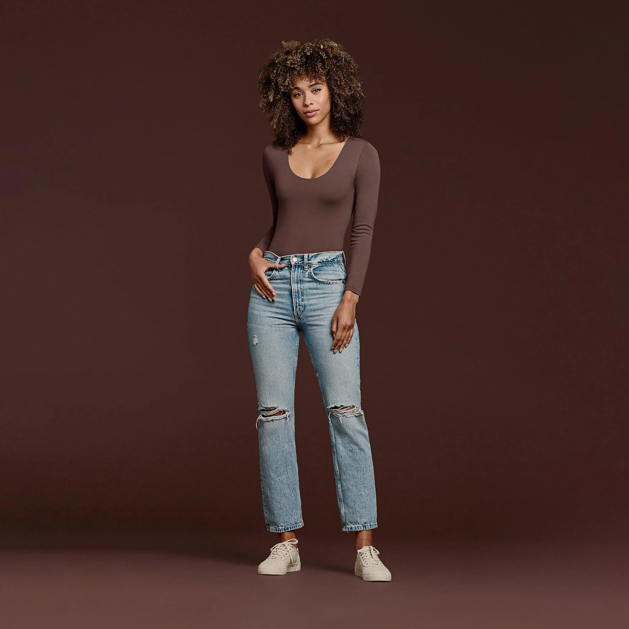 Women's Long Sleeve Scoop Neck Bodysuit - Coffee - nuuds | nuuds