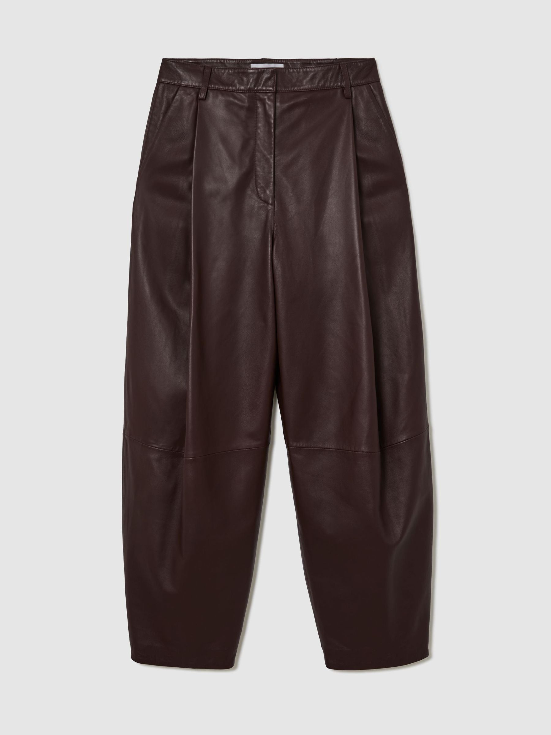 Reiss Leather Barrel-Leg Pleated Trousers in Burgundy - REISS | Reiss UK