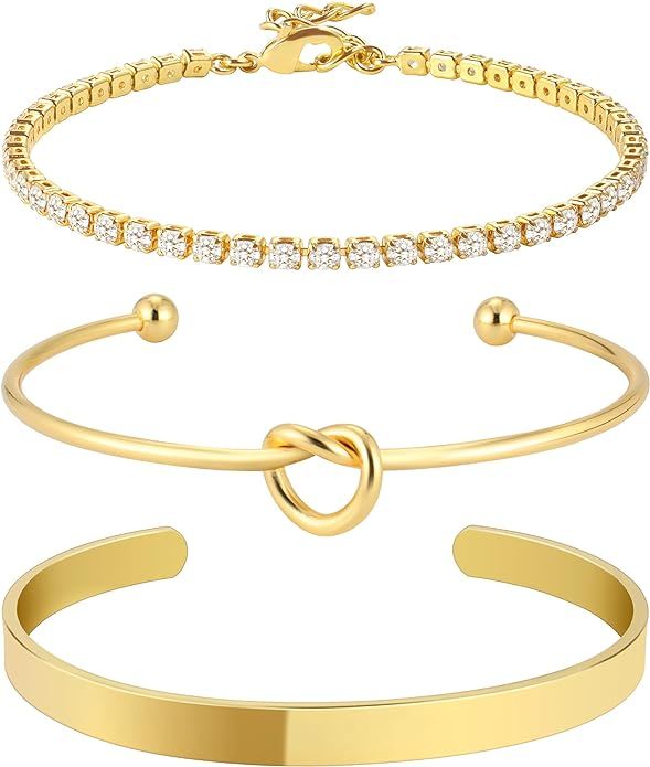 Gold Bangle Cuff Bracelets for Women 14k Gold Plated Cubic Zirconia Tennis Bracelet Non tarnish L... | Amazon (US)