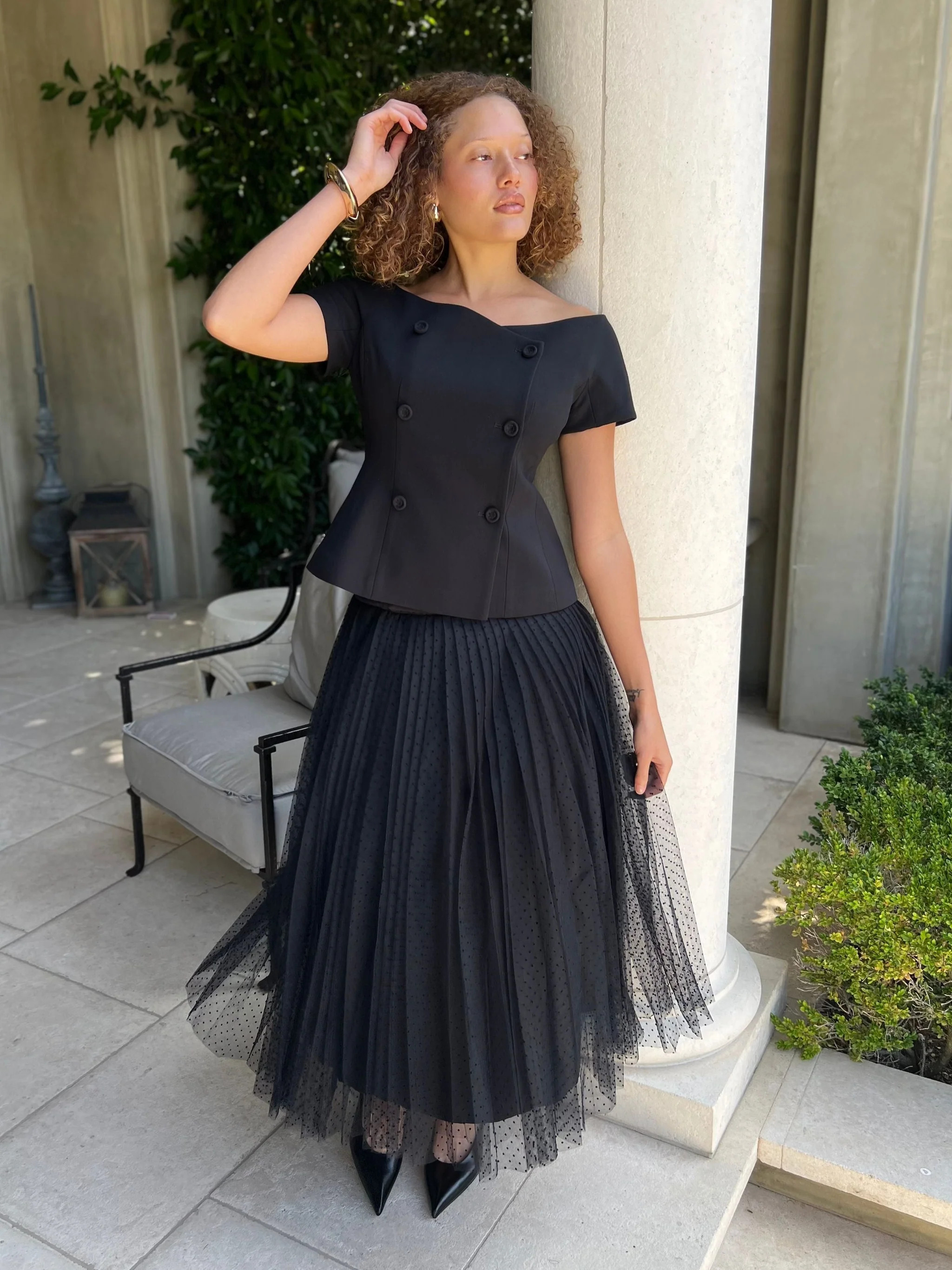 Kristen Black Midi Skirt with Polka Dot Organza | Benaar La