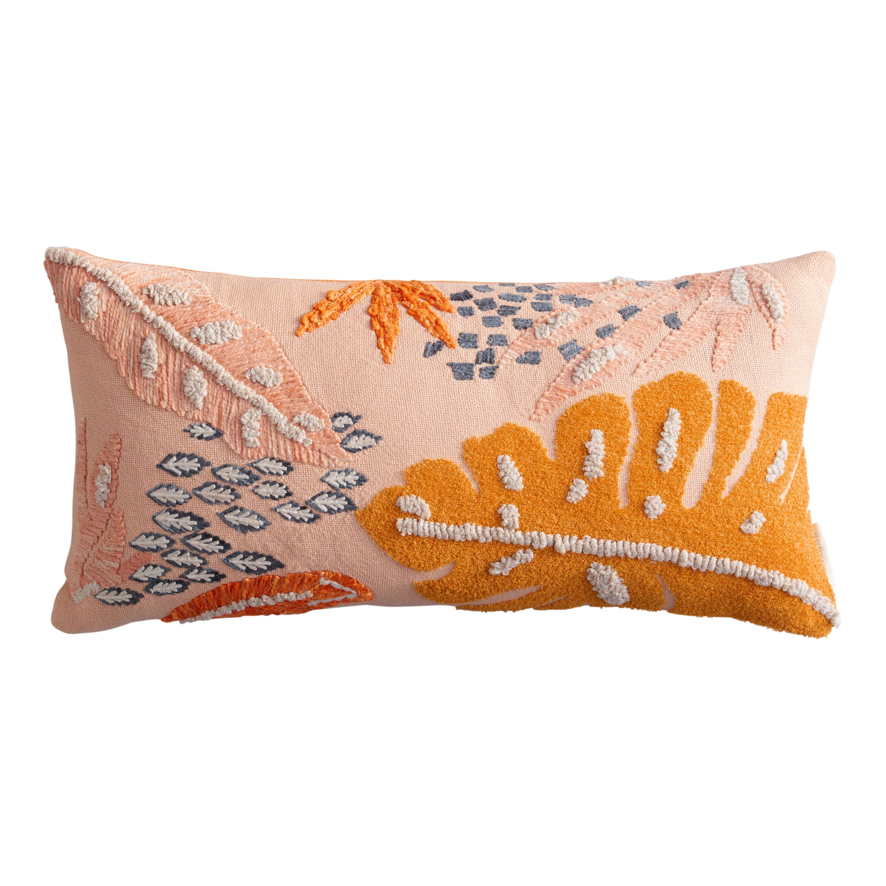 Coral And Blue Tropical Palms Indoor Outdoor Lumbar Pillow - World Market | World Market
