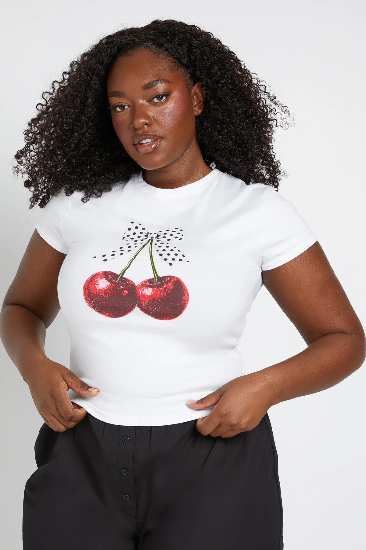 boohoo Women's Plus Polka Cherry Print Baby T-Shirt in White | Size: 24 | Denim/Cotton/Satin | boohoo (US & Canada)