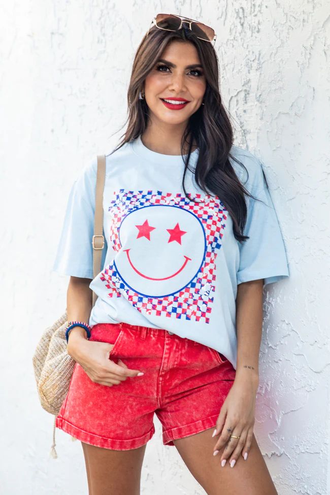 Multi Patriotic Smiley Checkered Ice Blue Graphic Tee DOORBUSTER | Pink Lily