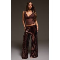 Dark Chocolate Sequin Wide Leg Floaty Trousers | PrettyLittleThing UK