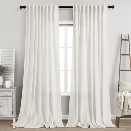 Nanspring 96 Inch Linen Curtains for Living Room Semi Sheer Linen Blended Curtains Back Tab Rod Pocket Light Filtering Farmhouse Coastal Decor Beige White Curtains for Bedroom 60x96, 2 Panels | Amazon (US)