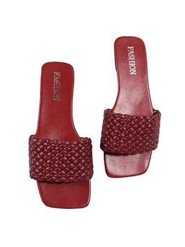 BEAUDRM Women's Braided Flat Sandals Woven Square Open Toe Slip on Beach Slide Sandals Burgundy 9.5 | Amazon (US)