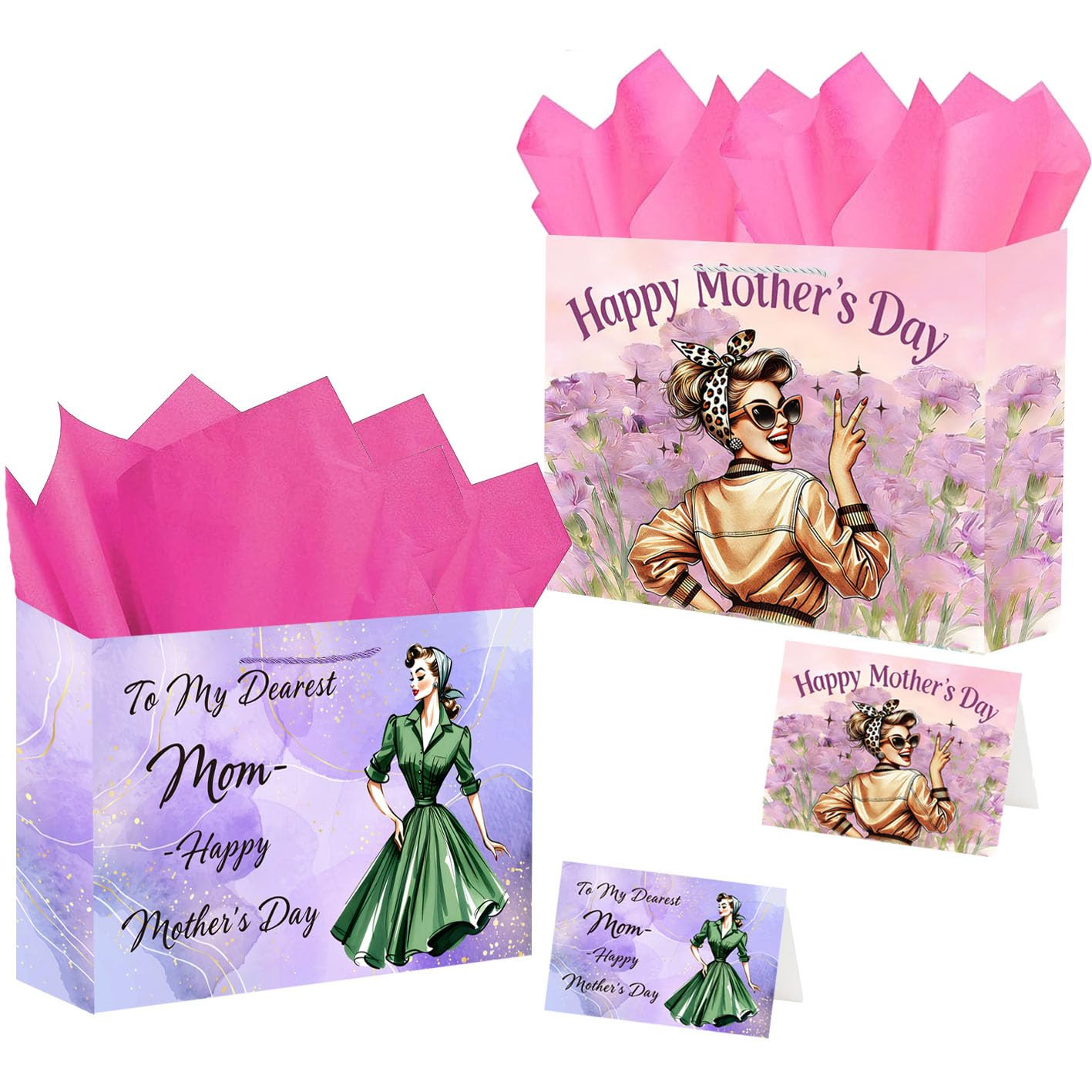 jabberwpacking 2 Pack Mother's Day Bag with Tissue Paper and Card 12.6" Pink and Purple Gift Bags... | Amazon (US)