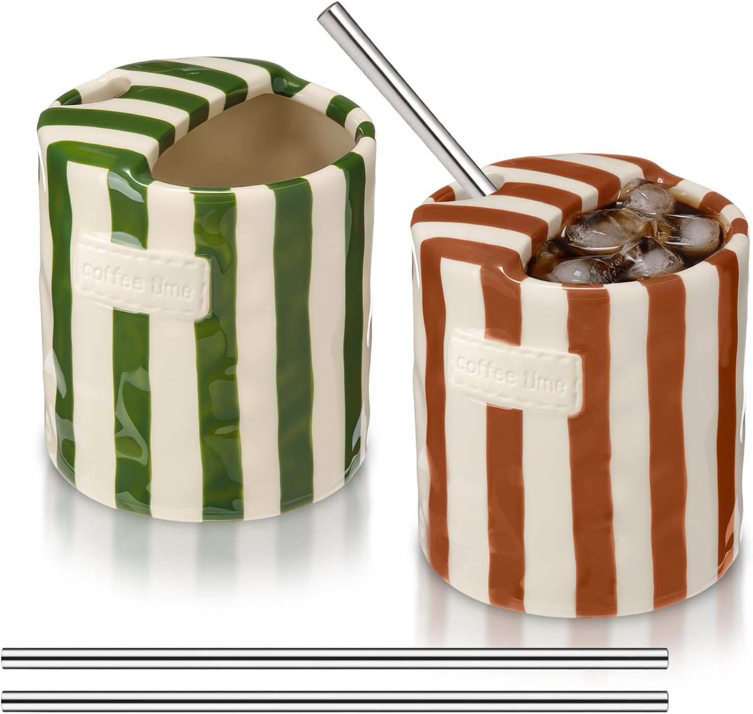 2 Pack Ceramic Coffee Mug with Sip Hole Espresso Cup 10oz with Straws Retro Hand Painted Striped ... | Amazon (US)