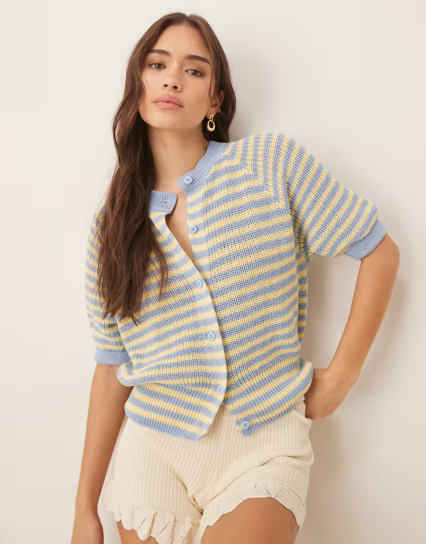 ASOS DESIGN knitted cardigan with raglan sleeve in blue and yellow stripe-Multi | ASOS (Global)