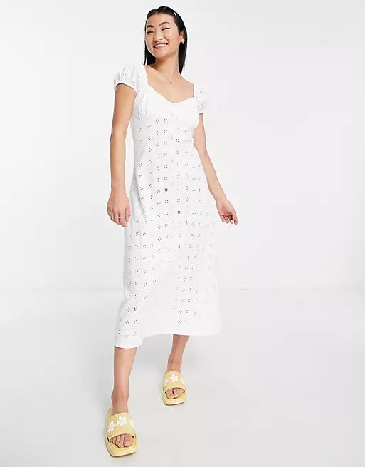 ASOS DESIGN eyelet bust detail midi tea dress with buttons in white | ASOS (Global)