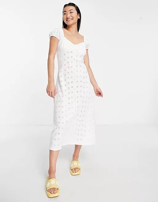 ASOS DESIGN eyelet bust detail midi tea dress with buttons in white | ASOS (Global)