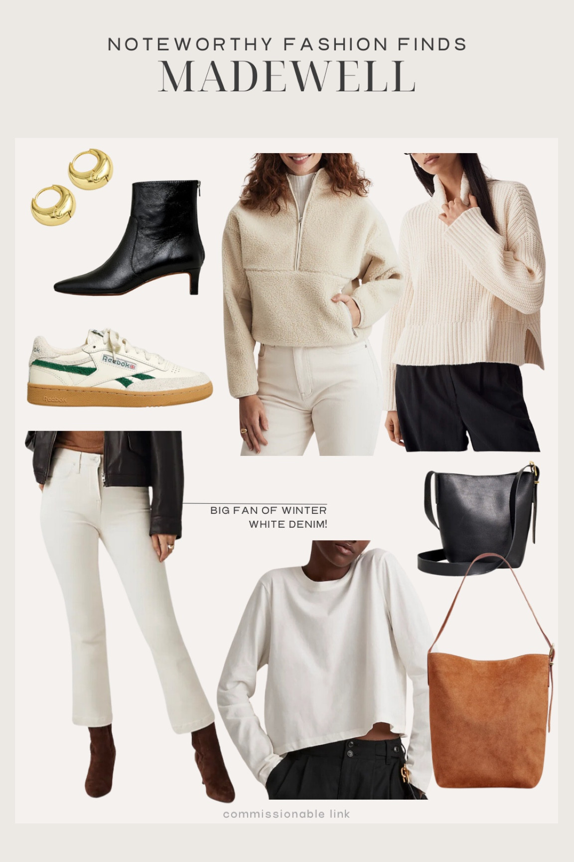Noteworthy fashion finds from Madewell:
Winter white denim
Bucket back
Sweater 
Shearling sweatshirt 

Winter style 

#LTKfindsunder100 #LTKSeasonal