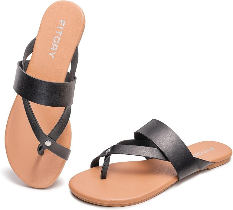 FITORY Womens Flat Sandals With Casual Fashion Slides and Flip Flops Split Toes Style for Lady Su... | Amazon (US)