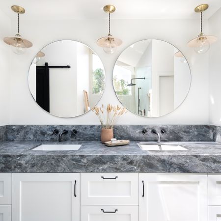 Rich and elegant primary bathroom inspired by California relaxed aesthetic with earthy tones and textures.

California Aesthetic,
Bathroom Remodel, Primary Bathroom, Interior Design, Home Decor, bathroom light, bathroom pendant, wall mirror. 

#LTKhome #LTKunder100
