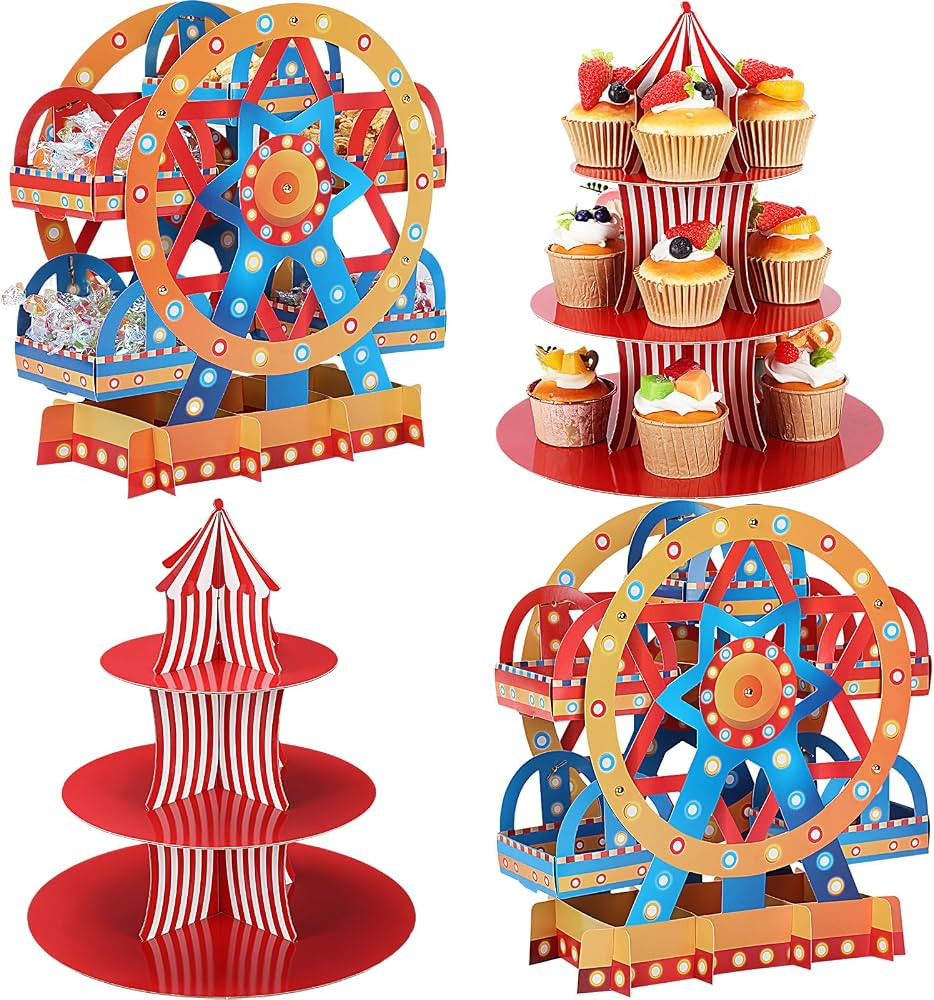 Vesici Set of 4 Carnival Ferris Wheel Centerpieces and Carnival Cupcake Stands 3 Tier Cardboard C... | Amazon (US)
