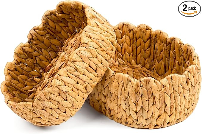 Set of 2 Small Wicker Storage Basket, Oval Water Hyacinth Baskets for Organizing, Scalloped Edge ... | Amazon (US)