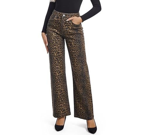 Women's Jeans Straight Leg Casual High Waisted Stretch Trendy Leopard Pull On Jeans for Women | Amazon (US)