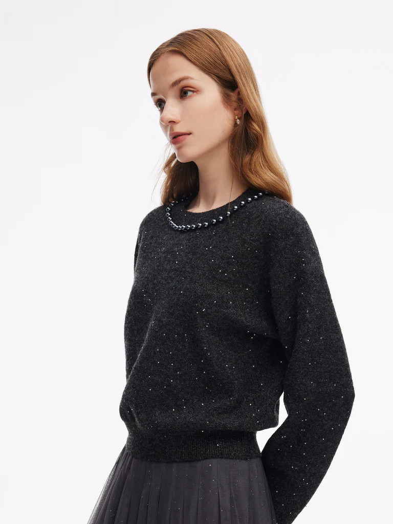 Sequins Beaded Round Neck Women Sweater | GOELIA