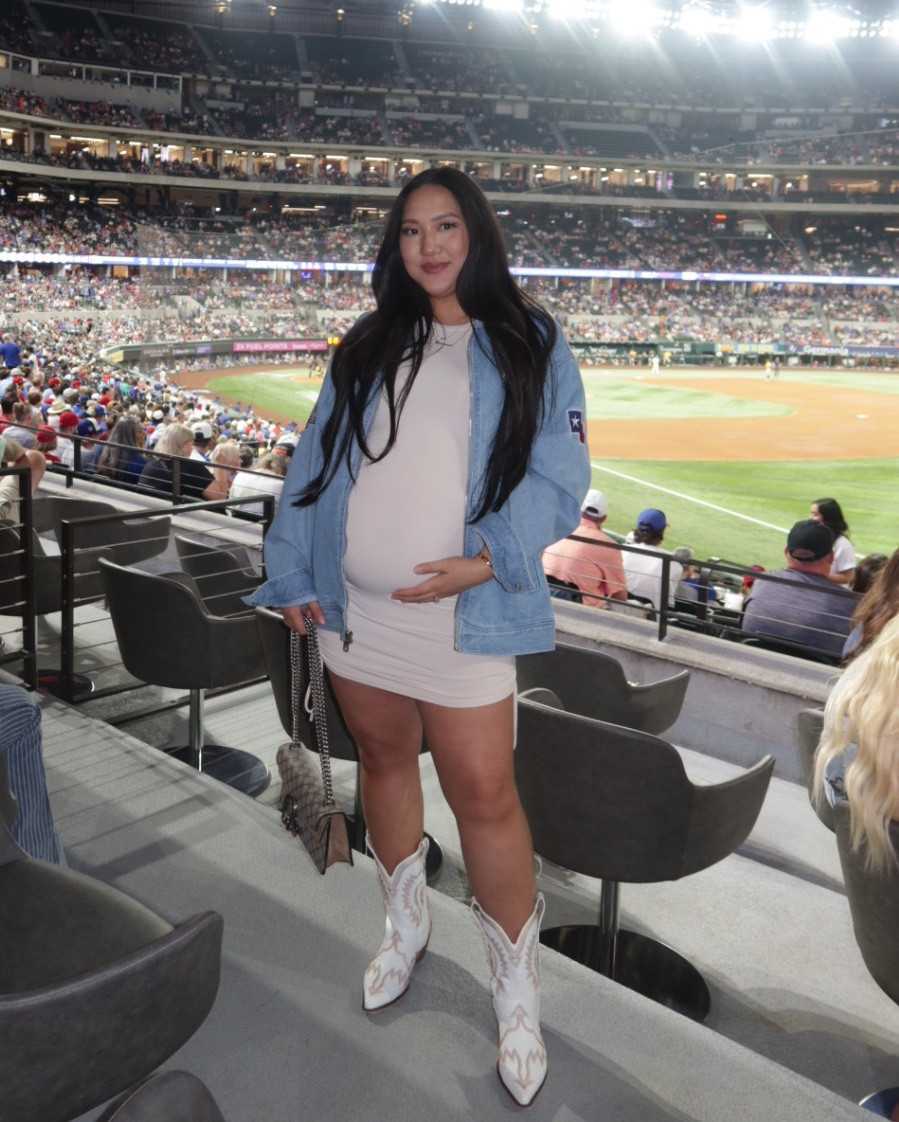 Baby boy’s first Rangers game 😋🧢⚾️ boppin’ around the ballpark at 7mo pregnant hits different lmao but love these comfy Amazon cowboy boots!! Denim jacket is @wildcollectiveco and so good!! Handbag is @keeksdesignerhandbags of course and use code NICKIE50 for $50 off $500!! 🤍

#LTKShoeCrush #LTKBump #LTKSeasonal