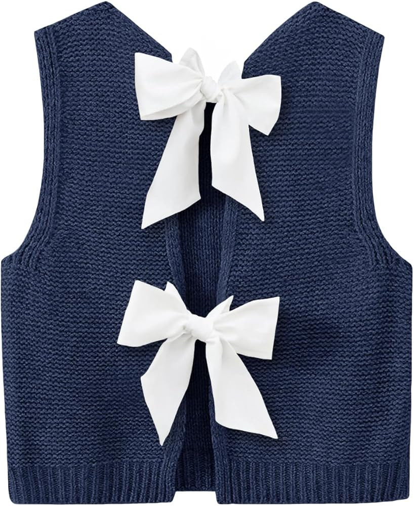 Imily Bela Womens Sweater Vest Bow Tie Back Casual Knit Crop Tank Tops | Amazon (US)