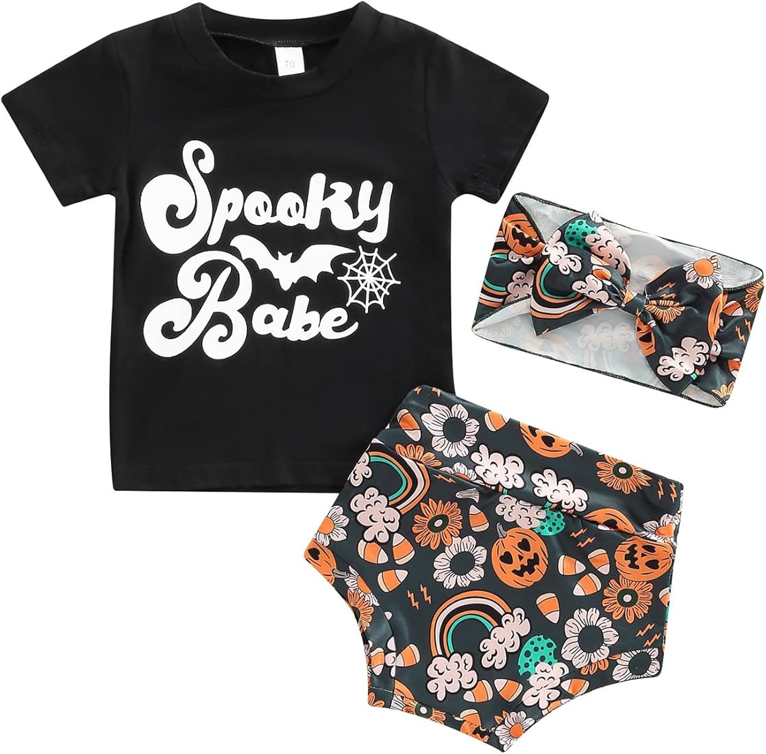 3Pcs Baby Girl Halloween Outfit Spooky Babe Print Short Sleeve T-Shirt Top Pumpkin Bloomers Shorts S | Amazon (US)