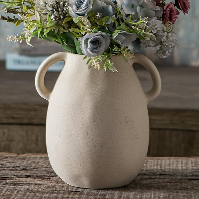 Tanvecle Off-White Ceramic Vase with 2 Handles, Sandstone Texture for Modern Farmhouse Decor, Rus... | Amazon (US)