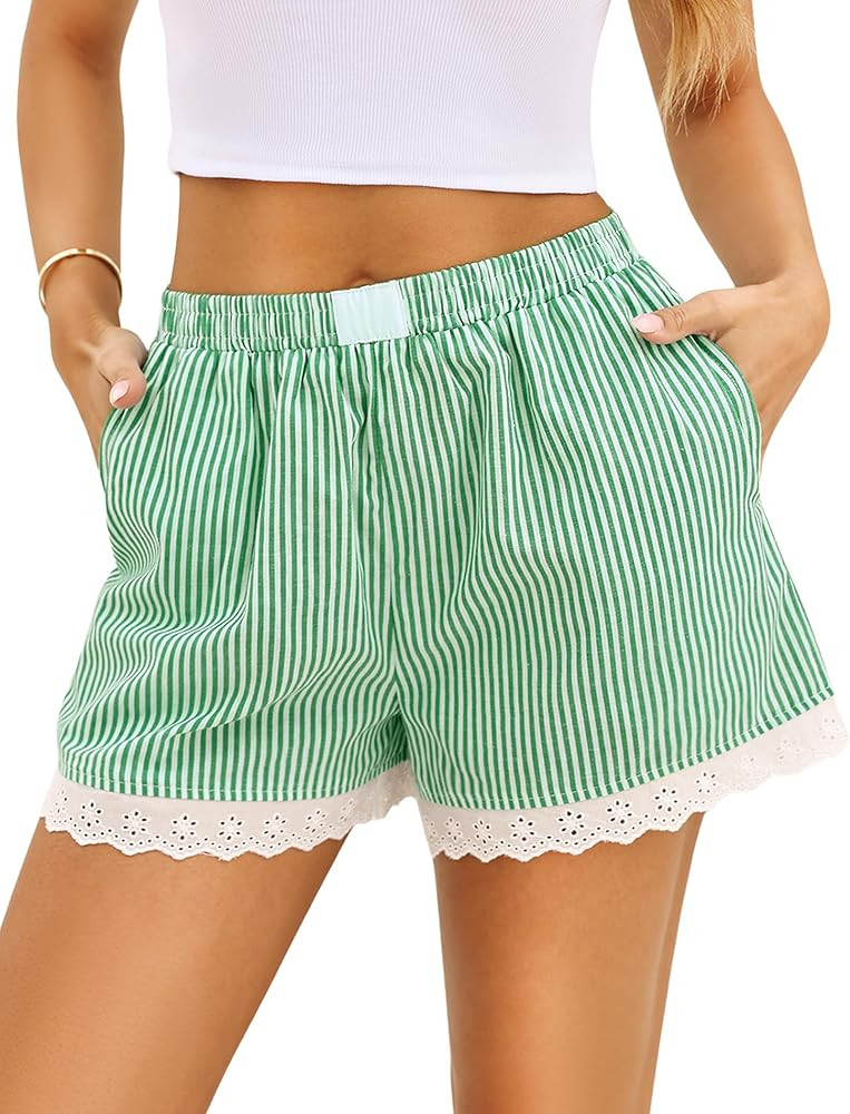 Marvmys Womens Boxer Shorts Cotton Pajama Bottoms Summer Gingham Ruffle/Lace Shorts Casual Y2K Be... | Amazon (US)