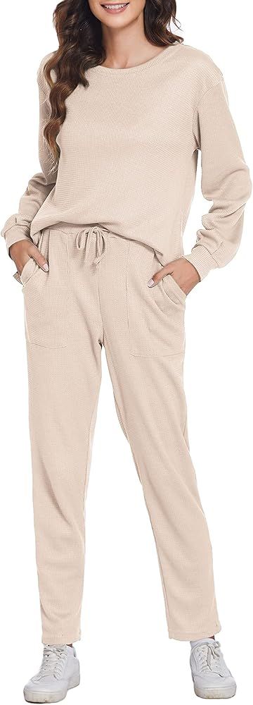 Ekouaer Pajama Set Womens Loungewear Waffle Knit Long Sleeve Top with Pants Pullover Pjs with Pocket | Amazon (US)