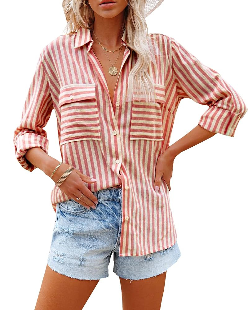 OMSJ Women's Striped Button Down Shirts Casual Long Sleeve Stylish V Neck Blouses Tops with Pocke... | Amazon (US)