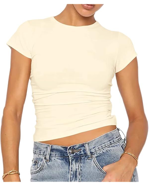 LEEDYA Womens Crew Neck Short Sleeve Shirt Basic Solid Workout Crop Tops Going Out Y2k Tops | Amazon (US)
