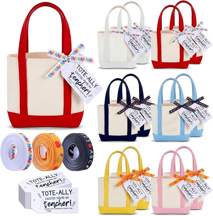 Sunnymove 12 Set Teacher Appreciation Gift Bags Bulk 12 Mini DIY Canvas Tote Bags 5 x 6 Inch with... | Amazon (US)