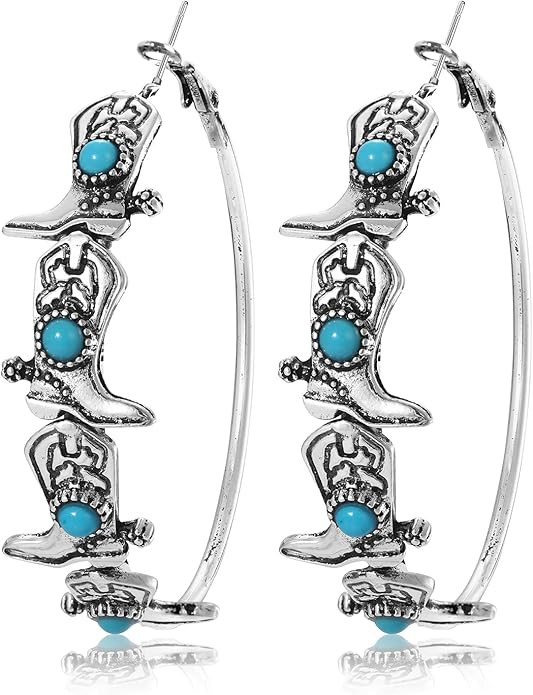 BVGA Western Hoop Earrings for Women Boho Turquoise Vintage Cowgirl Boot HOWDY Silver Statement L... | Amazon (US)