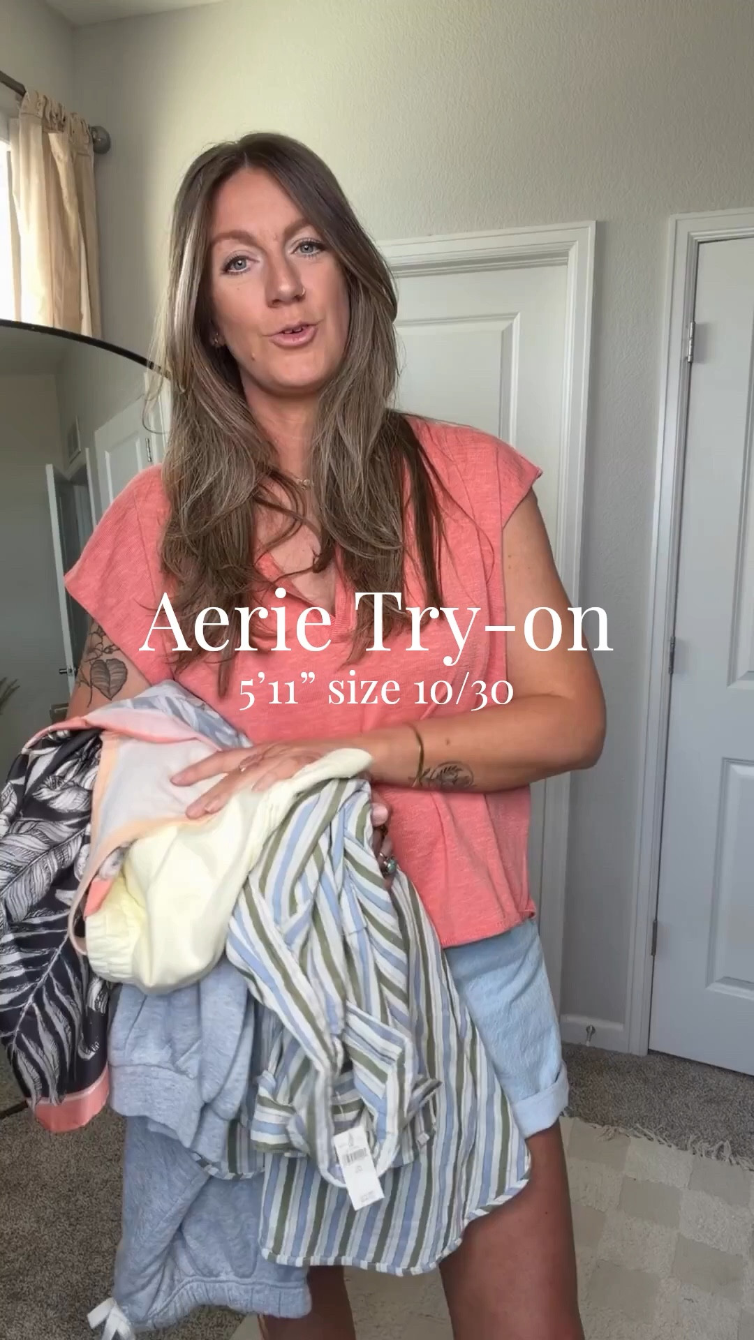 Recent aerie try-on 
✨large button up, medium striped & yellow shorts, XL tank, large sweatpants, large active shorts, large coral tank from beginning and 30 curve love denim shorts 

#LTKOver40 #LTKTall