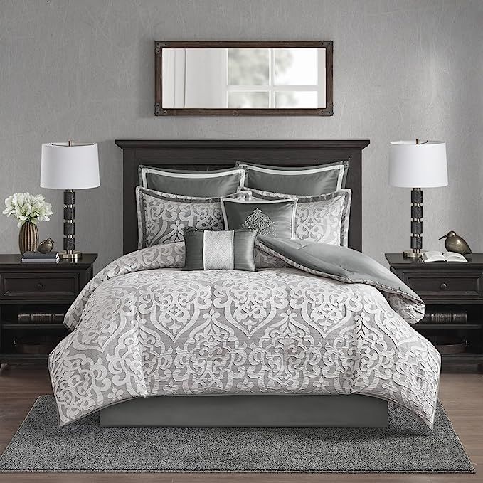 Madison Park Odette 8 Piece Jacquard Bedding Comforter Set with Damask Stria, King Size, Silver | Amazon (US)