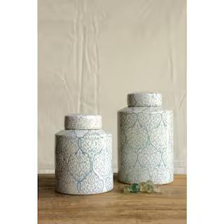 Storied Home 10 in. H Decorative Ceramic Ginger Jar with Lid in Blue and White DA4525 - The Home ... | The Home Depot
