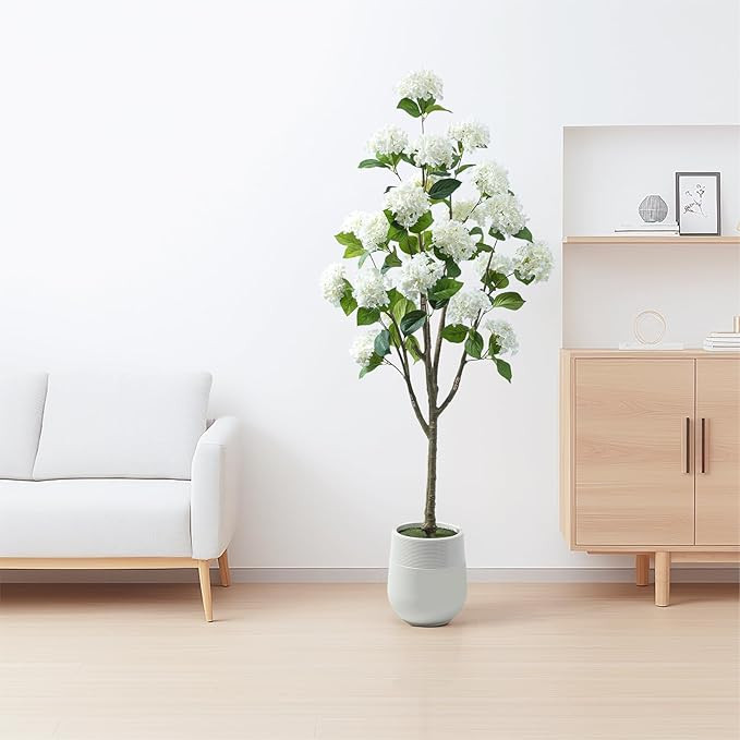 6ft Faux Hydrangea Flower Tree with White Blooms and Green Leaves. 72in Artificial Tree with Whit... | Amazon (US)