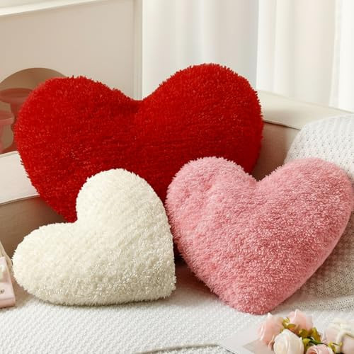 Bucherry 3 Pcs Valentine's Day Heart Throw Pillows, Red White Pink Heart Pillow Soft Decorative Back Cushion for Girls Women Bed Sofa Valentines Wedding Gifts Home Decor(Plush,Without Ruffed) | Amazon (US)