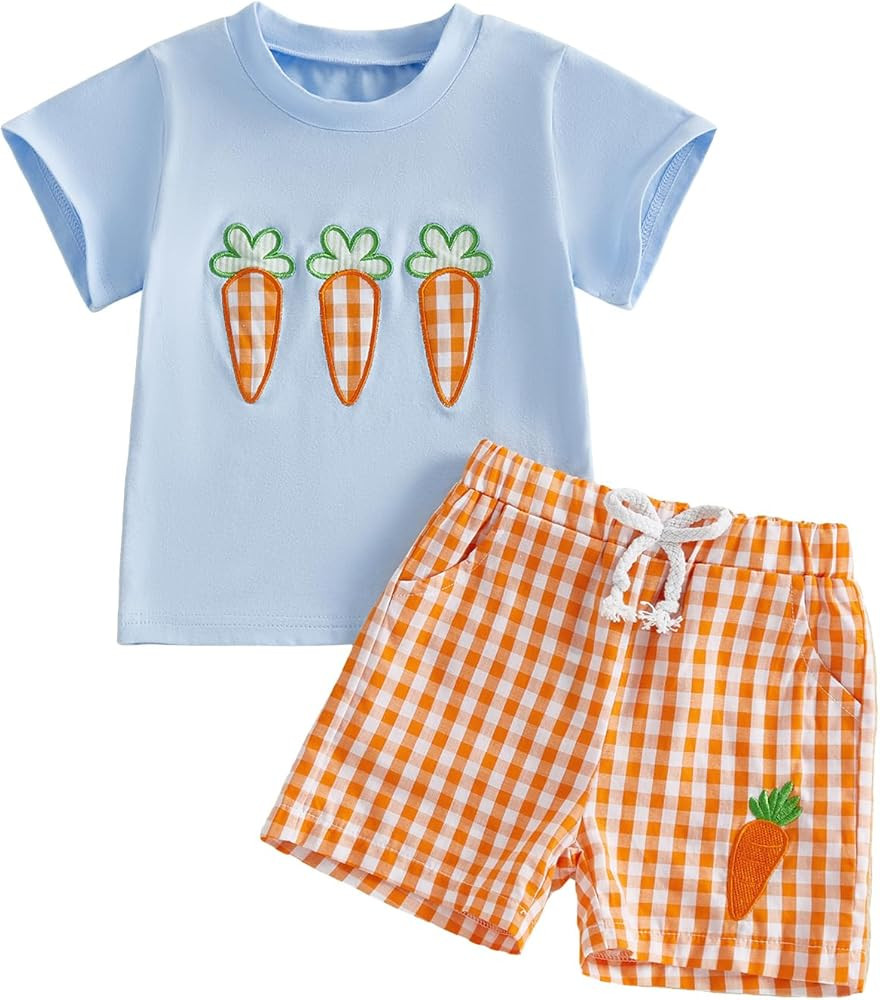 Toddler Baby Boy Girl Easter Outfits Short Sleeve Embroidery Rabbit Carrot T-shirt Plaid Shorts S... | Amazon (US)