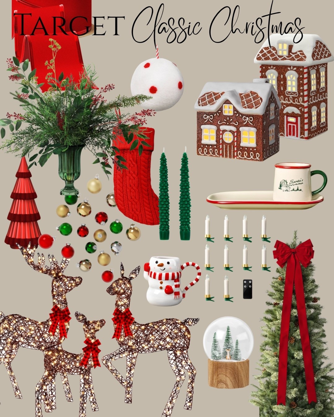 Up to 50% off  trees, lights & decor!
Target’s Classic Christmas Inspiration 
 - red & green mixed with textures like velvet ribbon, cable knit stocking and natural faux arrangements! Nostalgia Gingerbread houses & snow globes! Outdoor rattan inspired deer!

#LTKSeasonal #LTKSaleAlert #LTKHoliday