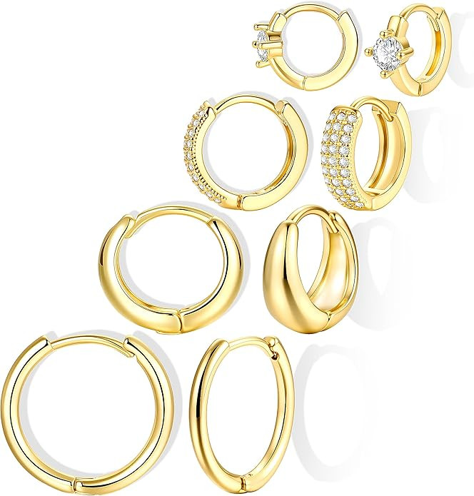 Small Gold Hoop Earrings Set for Women, 14K Gold Plated Lightweight Earrings Sets for Multiple Pi... | Amazon (US)