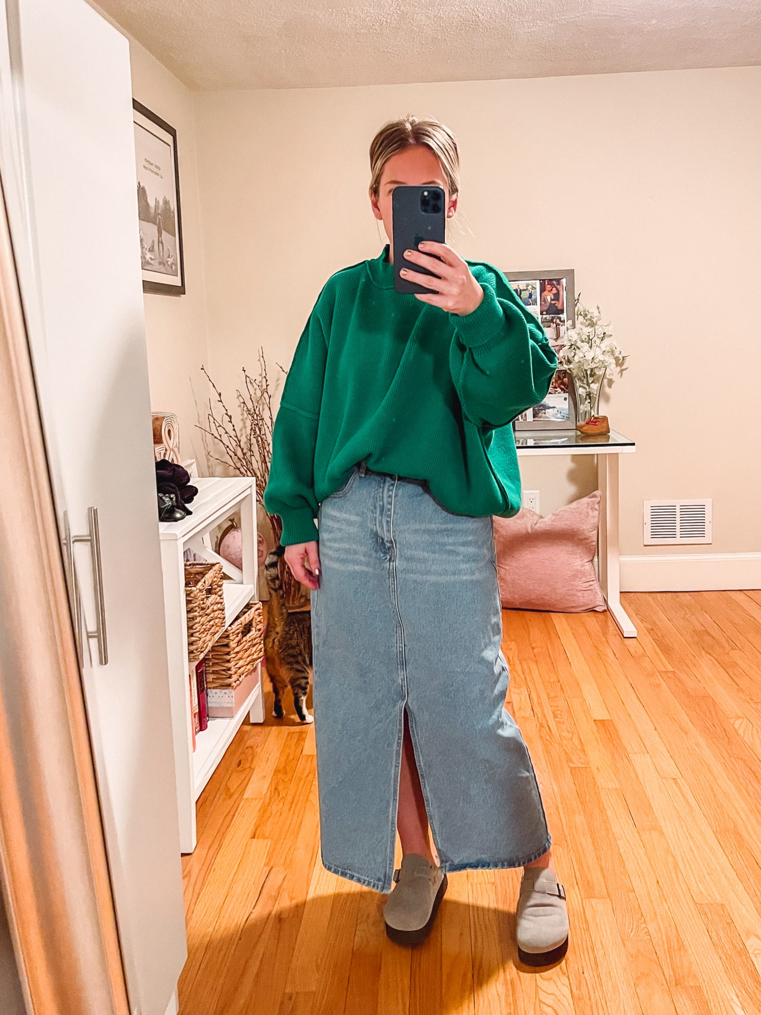 Vici green elouise oversized crew neck sweater. Perfect bright green! Wearing xs (size down if you’re planning to tuck in) 
Light wash Denim maxi split skirt. Size up 
Gray platform clogs 

#LTKGiftGuide #LTKHoliday #LTKSeasonal