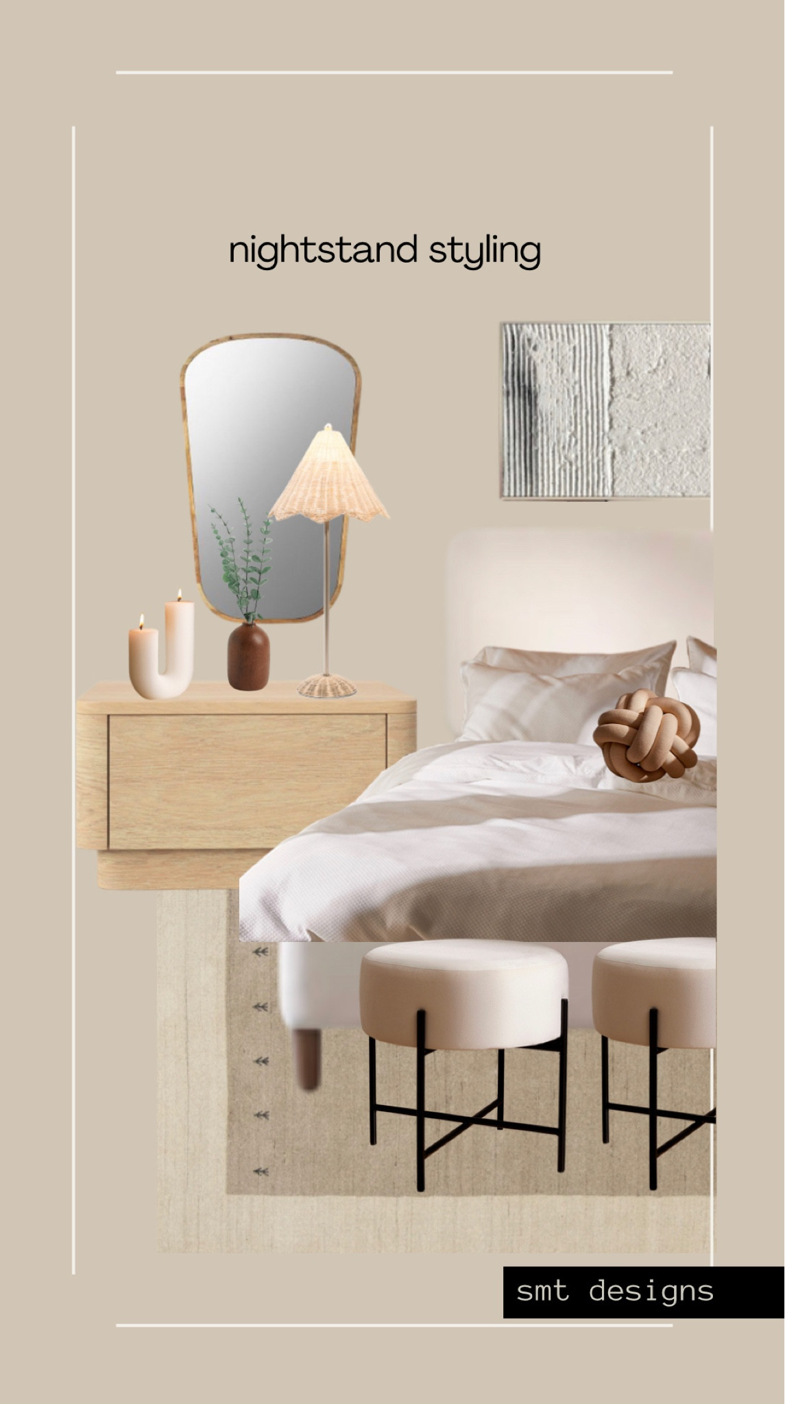 Modern minimalist nightstand styling

Minimalist wood nightstand, low profile upholstered bedframe, Sherpa foot stools with metal legs, brown knot pillow, u shaped candle, Serena and lily lamp dupes, asymmetrical wood frame mirror, mini wood vase, faux eucalyptus stems, modern textured wall art, neutral area rug

#LTKhome #LTKFind #LTKstyletip
