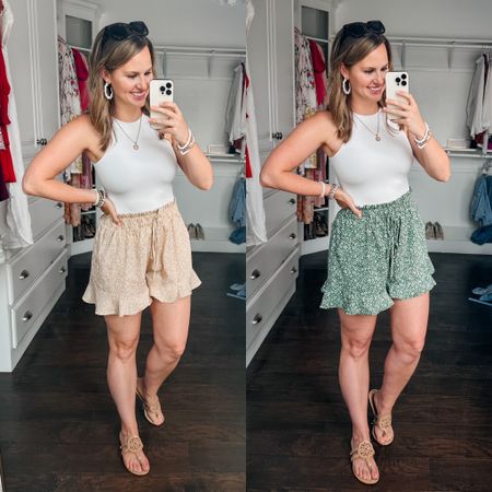 Amazon summer outfit with my favorite ruffle pullon shorts! I’ve worn these shorts with white tees, bodysuits, tanks, etc! Linking my stackable bracelets, go to gold initial necklace, sandals & bodysuits below, all Amazon finds. 

#LTKFind #LTKSeasonal #LTKunder50