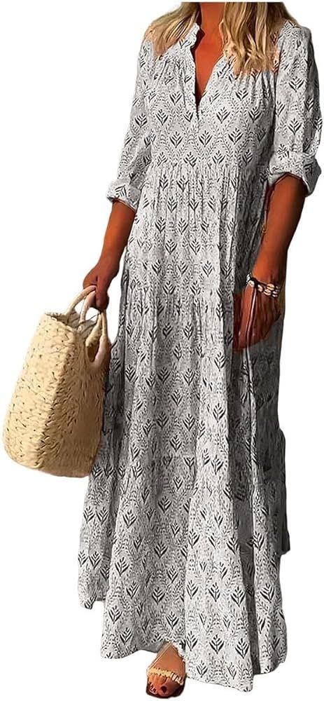 TIAFORD Women's V Neck 3/4 Length Sleeve Boho Long Dress Geometric Print Casual Loose 2024 Spring... | Amazon (US)