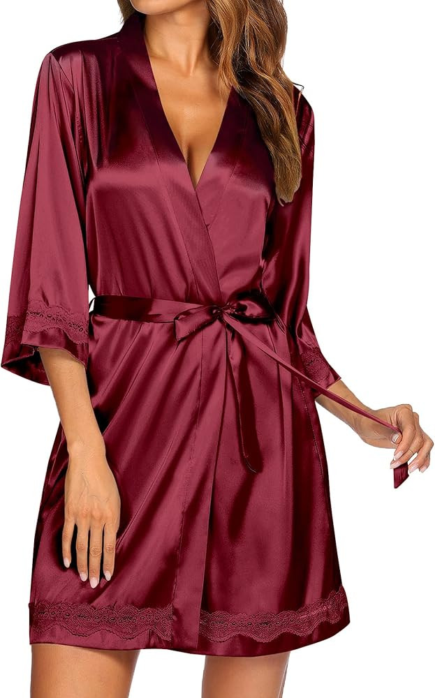 Ekouaer Women's Lace-Trim Silk Robes Bride Bridesmaid Kimono Satin Bathrobe V Neck Sleepwear with... | Amazon (US)