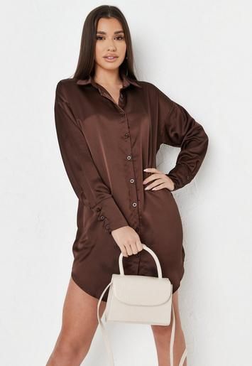 Missguided - Chocolate Satin Oversized Shirt Dress | Missguided (US & CA)