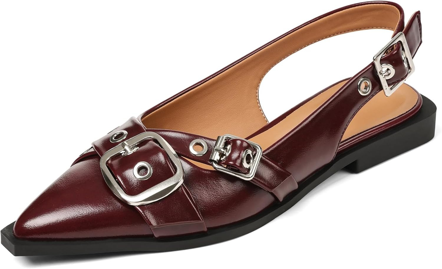 Kalstage Women's Slingback Flats Closed Pointed Toe Low Heel Dress Flat Shoes Buckle Patent Leather Ballet Flats for Women Comfortable Work | Amazon (US)