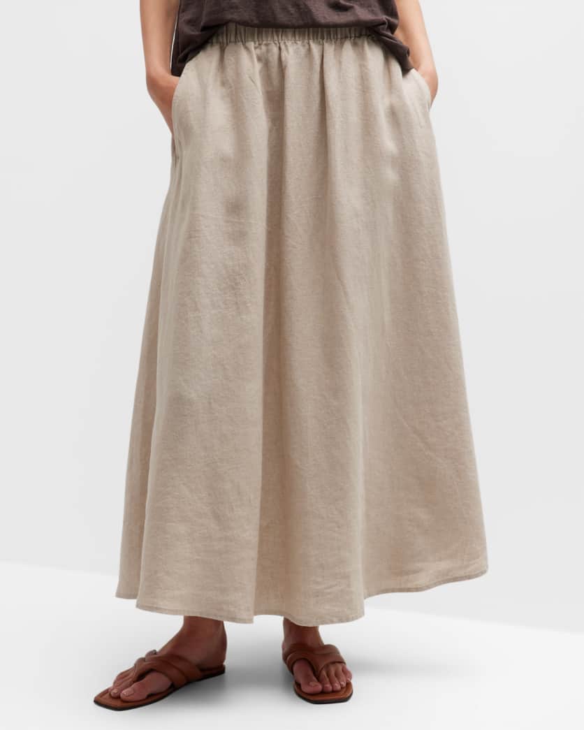 Gathered A-Line Organic Linen Midi Skirt | Neiman Marcus