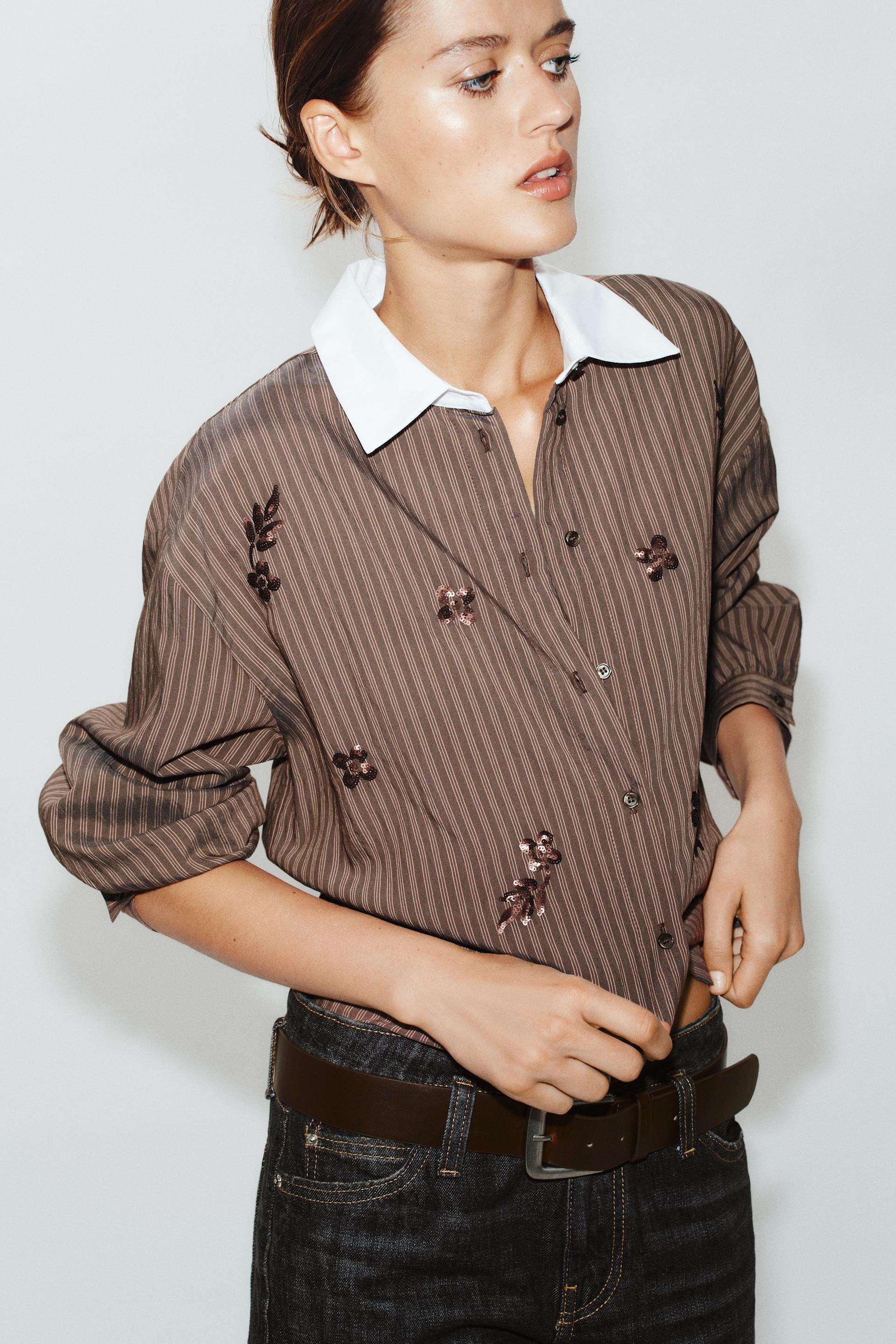 Zara - Sequin-Embellished Striped Shirt - Brown / Ecru - M - Woman | Zara US